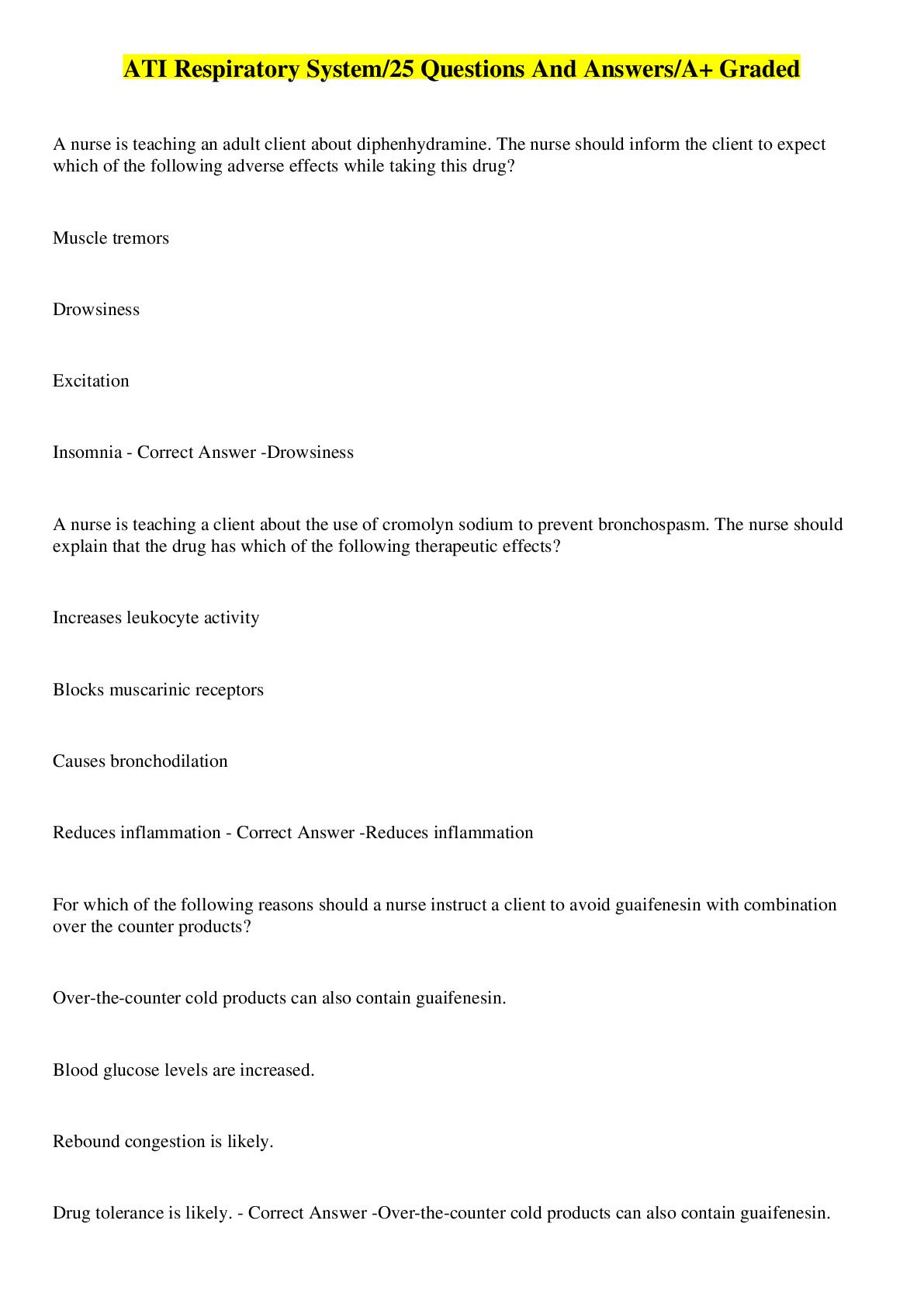 Preview image for ATI Respiratory System/25 Questions And Answers/A+ Graded